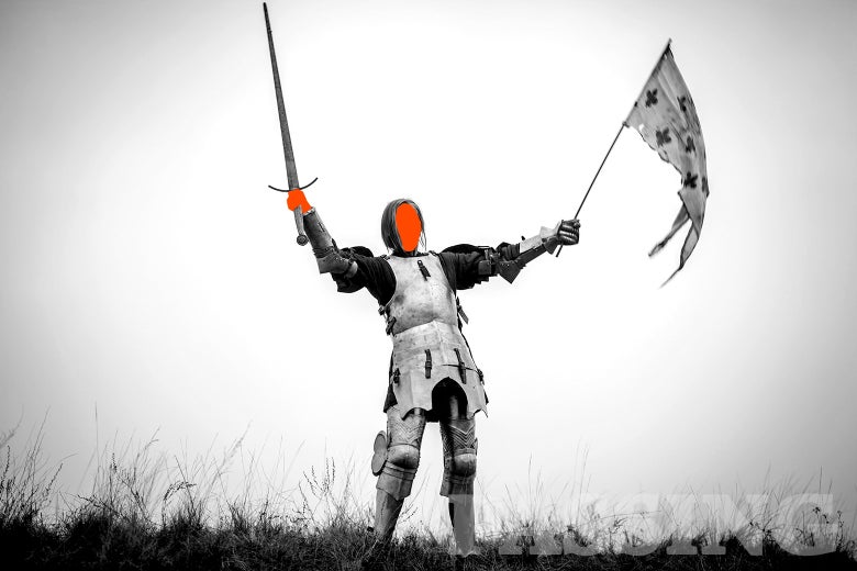 A woman depicted as Joan of Arc.